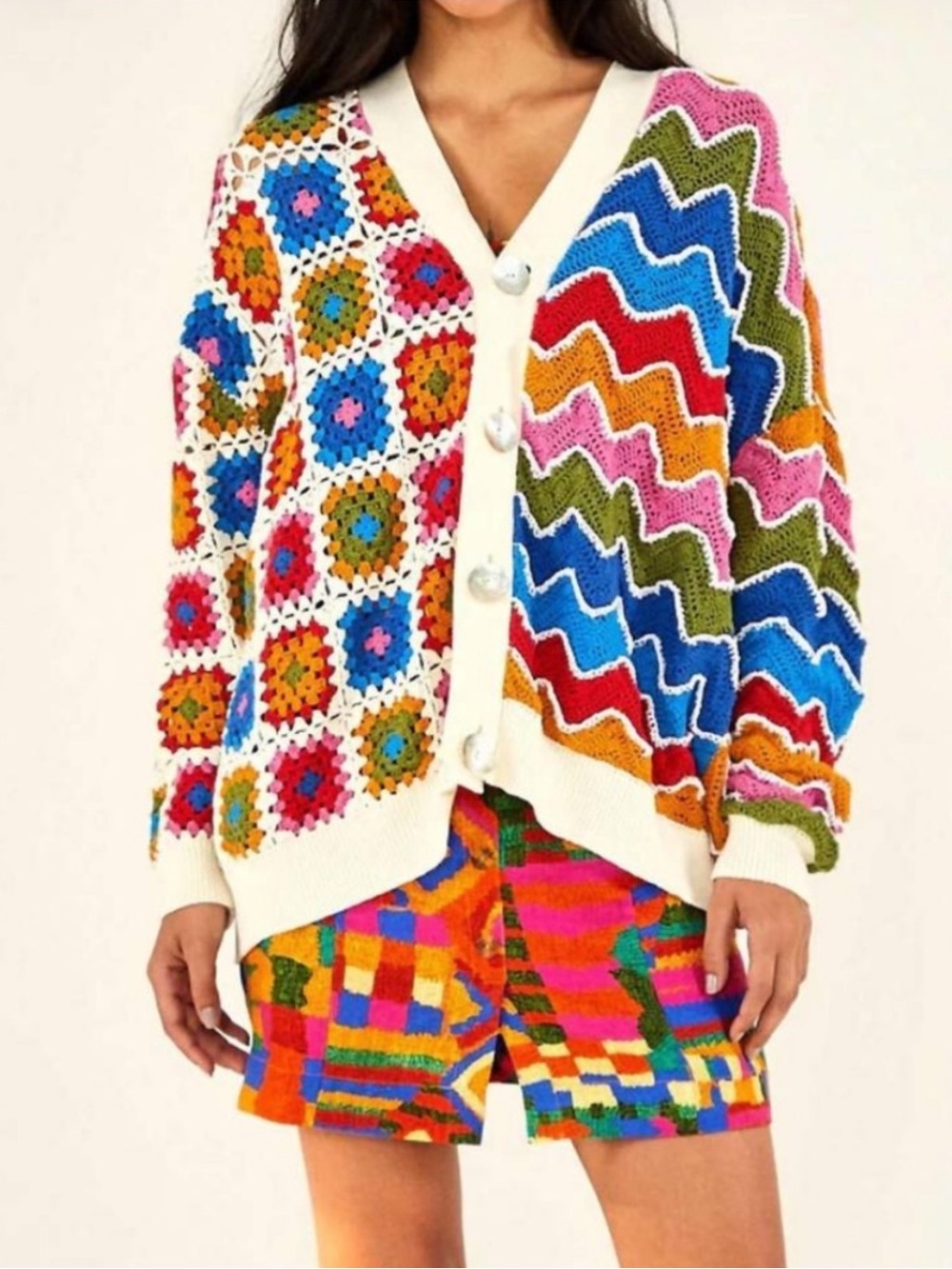 FARM Rio Multicolor Granny Crochet Squares Cardigan